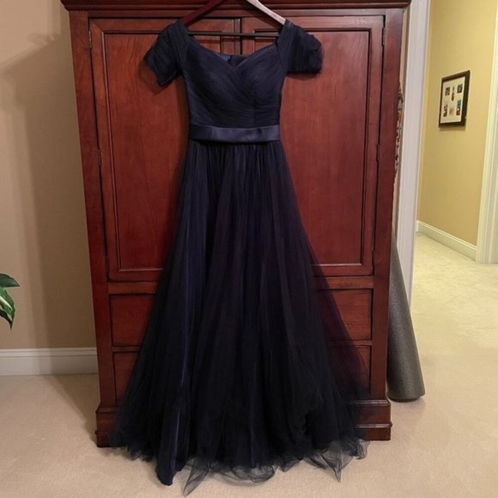 XS Navy Blue Beautiful Princess Prom Maxi Ribbon Back Lace Up Shoulder Dress